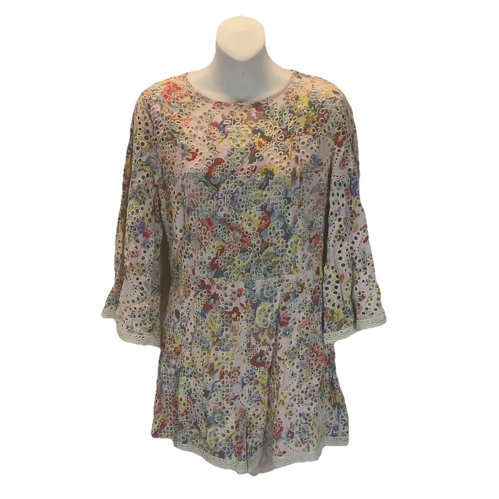 Entro Floral Pastel Eyelet Bell Sleeve Romper Shorts, Size‎ M Lace Trim Lined
